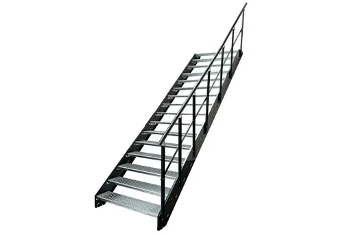 Kaminbau Mierzwa Außentreppe Stahltreppe 16 Stufen verzinkt Wangen mit und ohne Geländer Anthrazit, für Geschosshöhen bis 304 cm, Stufen Gitterroststufen nach DIN 24531, (Stufenbreite und Geländerart wählbar), Aus Premium Materialien hergestellt