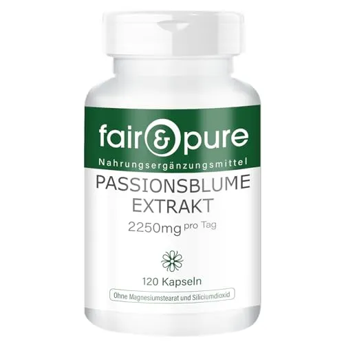 Fair & Pure Passionsblume Extrakt 2250mg pro Tagesdosis, 120 Kapseln, hochdosiert, Nahrungsergänzungsmittel vegan ohne Magnesiumstearat, in Deutschland hergestellt