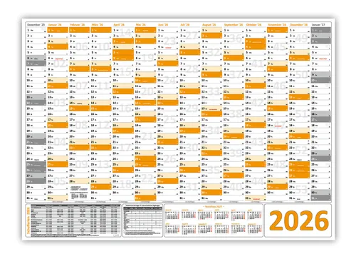 Wandkalender DIN A1 2026 orange gerollt Wandplaner Ferien & Feiertage