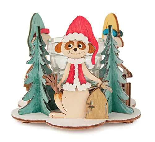 Drechslerei Kuhnert - Hobaku Bastelset - Weihnachtliche Erdmännchen - Motiv: Teelichthalter - Dekoration aus Holz zum Zusammenbauen - Maße: ca. 14x14x10 cm - Made in Germany