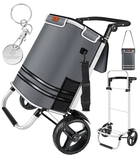 KESSER® Klappbarer Einkaufstrolley mit 56L Kapazität und 50kg Tragkraft | 3in1 Trolley, Sackkarre & Umhängetasche - Grau - Der KESSER Einkaufstrolley bietet mit 56L Stauraum und 50kg Tragkraft vielseitige Nutzungsmöglichkeiten. Inklusive Kühlfach und Sicherheit durch Reflektorstreifen – ideal für komfortables Einkaufen!