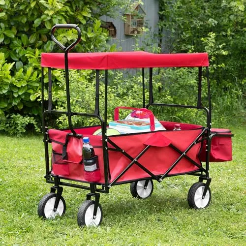 GreenYard® Bollerwagen mit Dach und Korb - Faltbar und Platzsparend - Bollerwagen für Familienausflüge, max. Belastbarkeit 80 kg, mit schattenspendendem Dach und seitlichem Korb für kleine Gegenstände. Ideal für den Transport von Einkäufen.