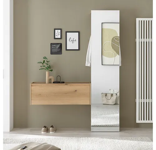 Lomadox Garderoben-Set CRISP-61, (Spar-Set, 2-St., Hängeschrank Garderobenelement), Eiche Nb. mit anthrazit, grifflos, Spiegelfläche
