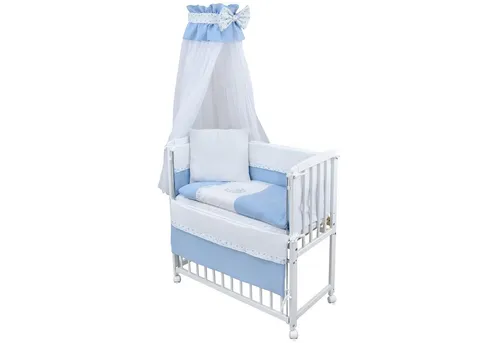 Baby-Delux Beistellbett Babybett Musselin Teddy Mond Blau, Stillbett 90x40 weiß höhenverstellbar, Matratze inkl. komplett Set
