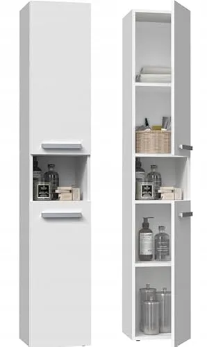 BDW - Badezimmer Schrank Hochschrank - Hoher Badschrank 174 x 31 x 30 cm - Mit Türen und offenem Fachboden, Türöffnungsseite wählbar - Weiß