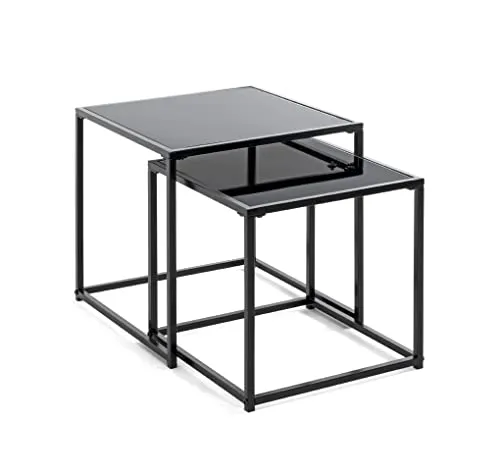 HAKU Möbel Beistelltisch 2er Set - Modernes Design in Schwarz, aus pulverbeschichtetem Stahlrohr mit stabilen Sicherheitsglas-Ablagen, ideal für jedes Wohnzimmer