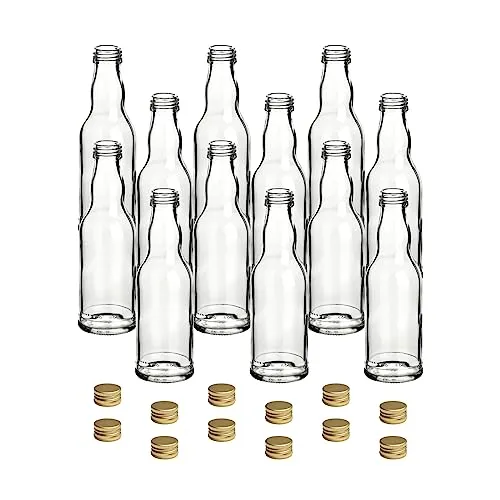 gouveo 12er Set Glasflasche 200 ml Kropfhals mit Schraubverschluss goldfarben - Kleine Flaschen für Likör, Saft, Essig und Öl - Flaschen-Set (FKT200G)