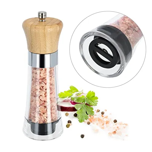 KADAX Salz- und Pfeffermühle, Seesalzmühle aus Acryl, Holz und Keramik, Pfeffer und Salzmühle mit Trichter, Gewürzmühle, Handmühle, Mühle für Salz (Transparent, H: 18,5 cm)