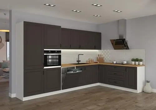 Landhaus Küche Stilo Grau 350x210cm - Küchenzeilen im modernen Landhausstil, bietet viel Stauraum und ist ideal für effiziente Raumnutzung in Ihrem Zuhause.