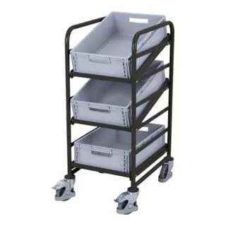 VarioFit Eurokastenwagen mit 3 Kunststoffkisten RAL 7016 - Praktischer Eurokastenwagen für Werkstätten und Lager. Mit stabiler Stahlrohrkonstruktion und drei neigbaren Etagen für flexiblen Einsatz. Ideal für effizientes Transportieren und Organisieren.
