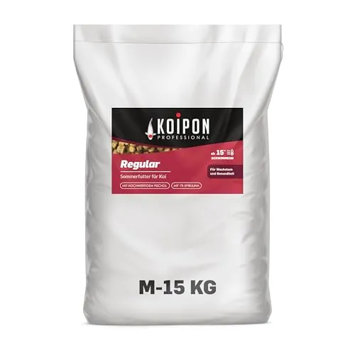 KOIPON Regular 15 kg Koifutter für Koi und Goldfische - Hochwertiges Koifutter in Premium-Qualität, speziell für die Sommerfütterung. Mit 1% Spirulina für optimale Nährstoffversorgung und zur Unterstützung der Vitalität Ihrer Fische im Gartenteich.