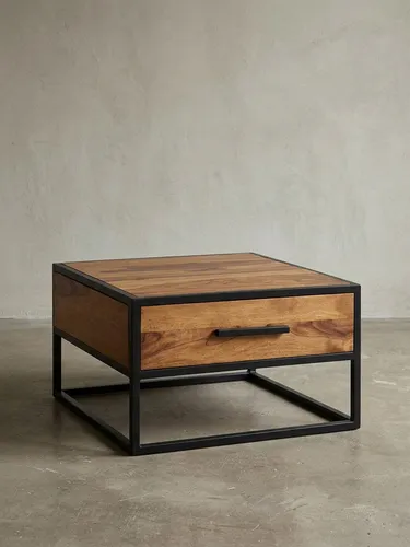 Couchtisch WL5.623 aus Massivholz und Metall im Industrial-Stil - Eleganter Couchtisch im angesagten Industrial-Design mit robuster Holzplatte und stabilem Metallgestell. Handgefertigte Qualität macht jeden Tisch zum Unikat. Maße: 65x38x65 cm, ideal für stilvolle Wohnzimmergestaltung.