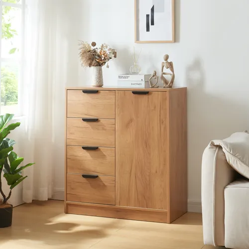 [en.casa] Kommode Varkaus mit 4 Schubladen und Tür - Kommode in Eichenoptik, bietet großzügigen Stauraum mit 4 Schubladen und einer Tür für eine ordentliche Aufbewahrung. Pflegeleichte Oberfläche und einfache Montage machen sie ideal für jeden Raum.
