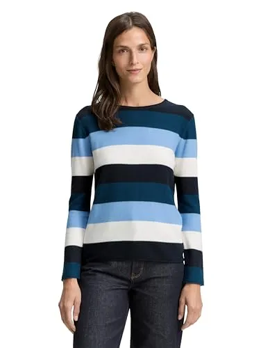 TOM TAILOR Damen 1042952 Pullover, Big Teal Knit Stripe, S - Stylischer langärmliger Pullover für Damen mit optimaler Passform und hohem Tragekomfort, ideal für jede Gelegenheit.