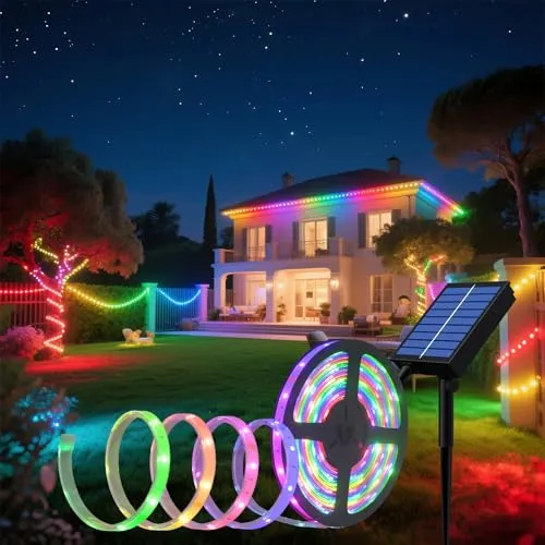 Lumtang RGBIC Bluetooth Solar LED Streifen Außen, 5m SMD 5050 LED Leuchten Solarbetriebener Regenbogenlichter Farbwechsel LED strip, IP67 Wasserdichte Dekorative Lichterkette für Yard Trees Garden