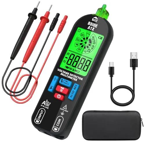 BSIDE A1X Smart Digital Multimeter Klein Mini Berührungsloser Spannungsprüfer Wiederaufladbar mit ID Pointer LCD Auto Range Spannung Durchgangs Widerstand Tester Dioden Kapazität Messgerät mit Tasche