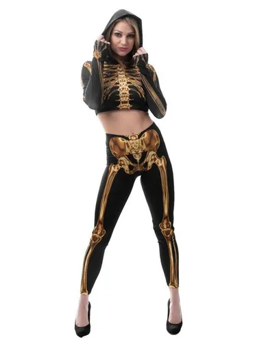 Metamorph Kostüm Golden Bones Skelettkostüm - Halloweendress im Röntgen-Look mit Kapuzenoberteil und hautengen Leggings. Ideal für schaurige Auftritte und Partys. Material: 100% Polyester, sorgt für hohen Tragekomfort.