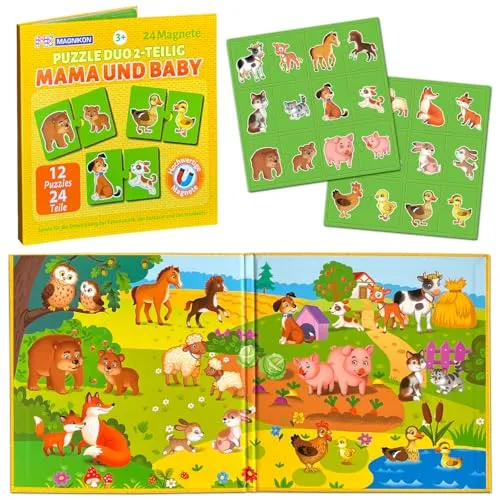 MAGNIKON Magnetische Puzzles Mama und Baby, 24 Teile, 2-teilig Magnetpuzzles für 2 Jährige, Kleinkinder Puzzles mit Tiere, Kinder Beschäftigung, Spiele für Unterwegs