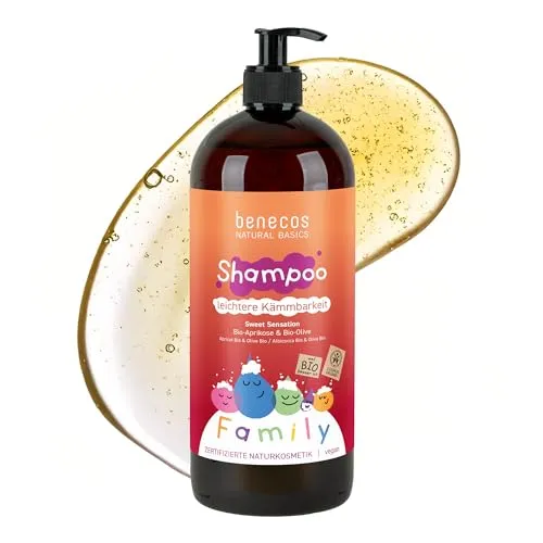 Benecos Family Size Shampoo Sweet Sensation - Bio-Aprikose & Bio-Olive - für geschmeidige Haare & leichte Kämmbarkeit - vegane Körperpflege - dermatologisch getestet - 950 ml