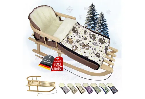 BambiniWelt by Rafael K. Schlitten CE-HOLZSCHLITTEN mit Rückenlehne Seil + WINTERFUßSACK Wolle 108cm EULE