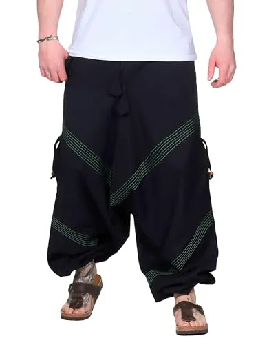 Kunst und Magie Herren Goa Haremshose in Schwarz/Lemon, Größe: XXL - Bequeme Herren Haremshose aus 100 % Baumwolle mit dehnbarem Bund und Kordelzug. Praktische Hosentaschen und stilvolle Ziernähte machen sie zum idealen Begleiter für entspannte Tage.