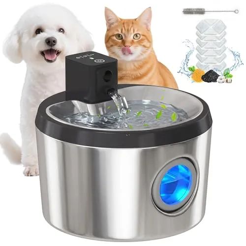 PawHut Katzenbrunnen 4L Kabellos Edelstahl Trinkbrunnen mit Bewegungsmelder 6 Filtern zweifaches Filtersystem LED Sichtfenster Ultra-leise Batteriebetrieben Wasserbrunnen für 30 Tage Silber