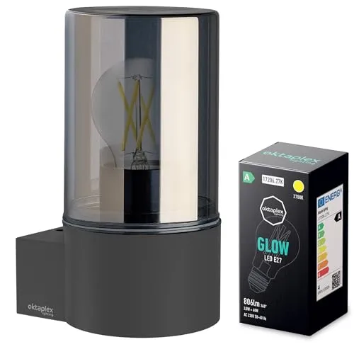 Oktaplex Puno Aluminium Außenlampe inkl. E27 warmweiß 806lm LED Glühbirne Wandleuchte aussen Rauchglas anthrazit IP44 230V - Energieklasse A