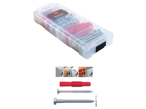 TOX L-BOXX Micro Allround 6/10 + S in stapel-und verklickbarer Sortierbox, mit Allzweckdübel TRI 6/36 und 10/61 + passende Schrauben, Dübelset für Fast alle Baustoffe, 130-tlg, 094901803, transparent