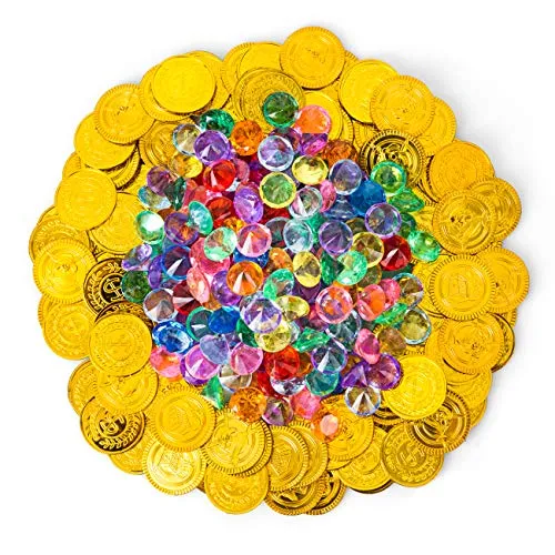 Kesote 300x Piratenschatz Spielzeug 100 Goldmünzen + 200 Edelsteine Piraten Deko für Kindergeburtstag Party Mitgebsel