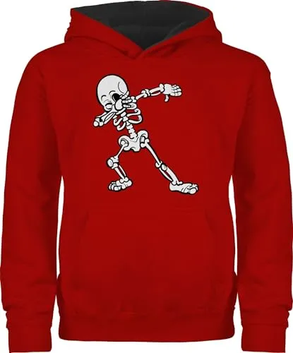 Pullover Kinder Hoodie Jungen Mädchen - Halloween - Dabbing Skelett - 140 (9/11 Jahre) - Rot/Schwarz - haloween outfits hoodys helloween party pulli haöloween kapuzenpullover gruseliges hoody