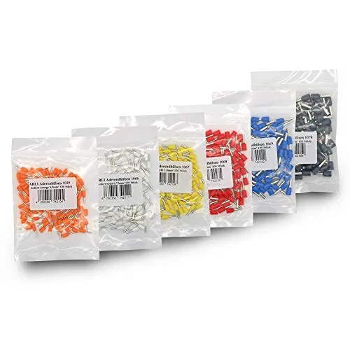 Aderendhülsen isoliert Aderendhülse 600x 100x Orange, 100x Weiss, 100x Gelb, 100x Rot, 100x Blau, 100x Grau 0,5-4 mm² zum crimpen Crimpzange Press Stecker Hülse kfz Draht Elektro Kabelschuhe ARLI