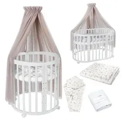 Waldin Babybett OWAL 7in1 aus Holz mit Matratze - Gitterbett für Babys, mitwachsend und vielseitig in Taupe Zweige, inklusive Matratze und Zubehör für optimalen Komfort.