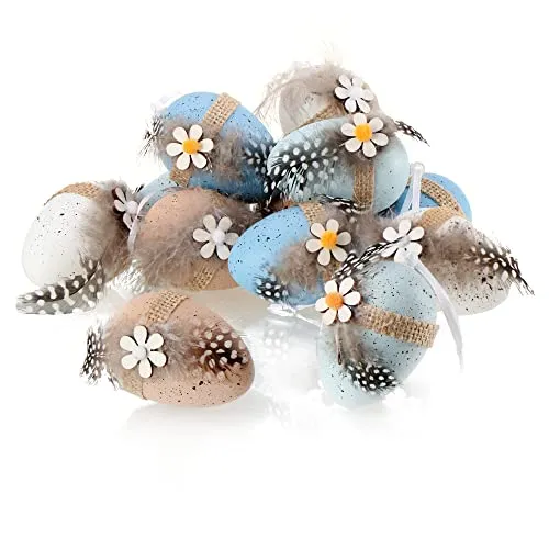 com-four® 12x Ostereier zum Aufhängen 7 x 5 cm, mit Federn und Holz-Blume - farbige Ostereier in Wachtelei-Optik - Anhänger für den Osterstrauch aus Kunststoff - Hängedeko in 4 Farben
