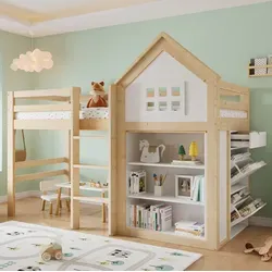 Hochbett Kinder Aus Holz Weiß+natur 90x200 Cm Mit Sicherheitsgeländer, Leiter Und 3 Schubladen