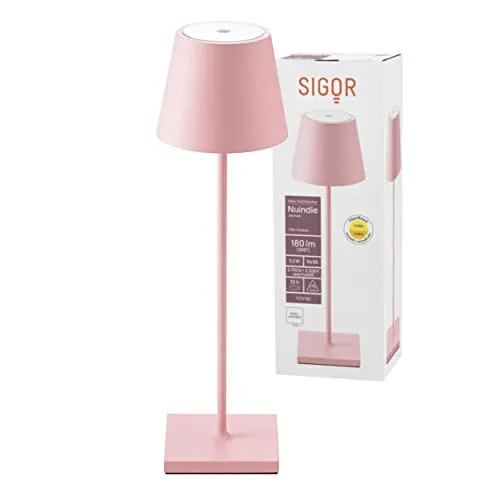 SIGOR Nuindie - Dimmbare LED Akku-Tischlampe Indoor & Outdoor, IP54 spritzwassergeschützt, Höhe 38 cm, aufladbar mit Easy Connect, 12 h Leuchtdauer, zartrosa