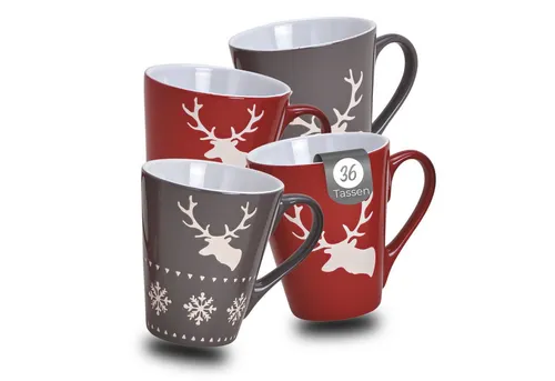 matches21 HOME & HOBBY Tasse Weihnachtstassen 36 Stk. Karton Hirsche Skandi grau rot, 36-tlg., Keramik, Schöne 200 ml Keramik Kaffee-Tassen Hygge Weihnachtsmotive