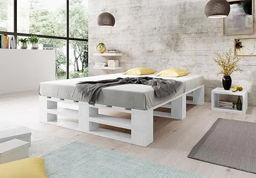 Lermowood Palettenbett M2 aus Holz 160 x 200 cm Weiß mit Lattenrost Holzbett 40cm Stabiles Seniorenbett Kinderbett Jugendbett Gästebett erhöhtes Einzelbett Bettgestell Futonbett Komforthöhe