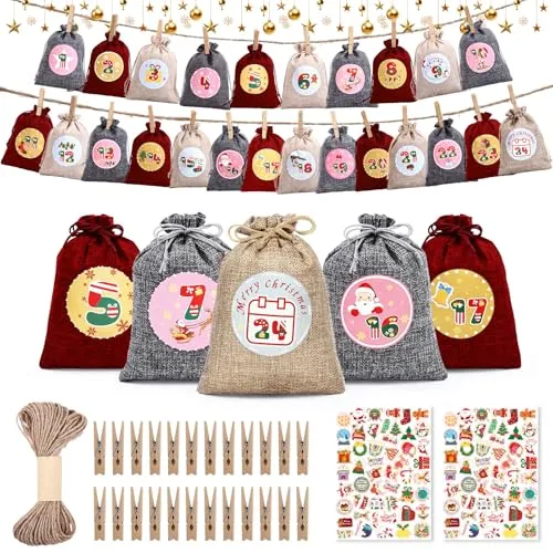 Chuner 2025 Weihnachtskalender Selbst Befüllen, 24X Adventskalender Stoffbeutel zum Befüllen Advents Kalender Stoffsäckchen, DIY Weihnachten Advents Säckchen Kinder Frauen, Mittel: 14x10cm