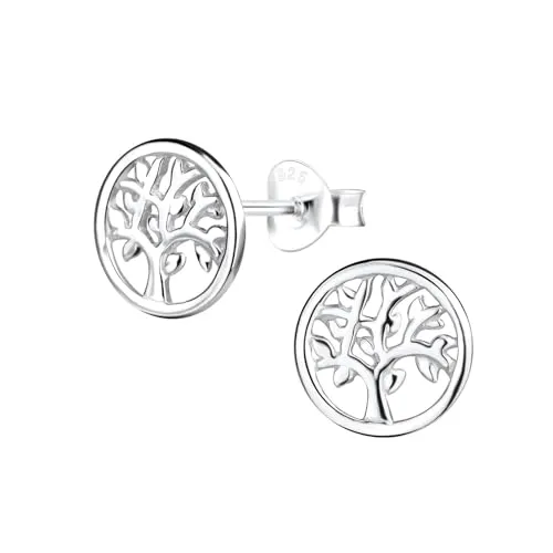 Monkimau - Lebensbaum Ohrringe, Ohrstecker, Ohrschmuck - aus 925 Sterling Silber - für Damen und Mädchen - handgefertigt, hypoallergen und kleine Geschenkidee