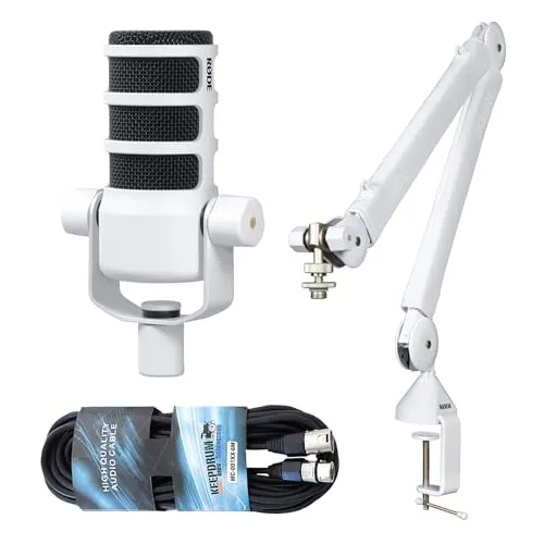 RØDE Podmic Mikrofon Weiss mit PSA1+ Gelenkarm und XLR-Kabel - Professionelles Podcast-Mikrofon mit dynamischer Nierenkapsel, internem Popfilter und elastischer Aufhängung für optimale Sprachaufnahmen. Inkl. hochwertigem Gelenkarm und XLR-Kabel.