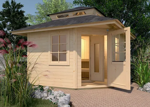 Weka Saunahaus Kurikka 380x380 cm - Premium Sauna für Ihr Zuhause - Hochwertiges Saunahaus Kurikka aus 28 mm Blockbohlen mit isolierter Sauna Varberg. Genießen Sie entspannende Momente auf stabilen Liegeflächen und in angenehmer Atmosphäre.