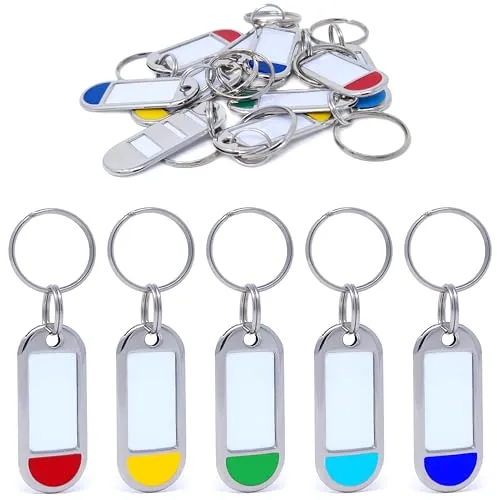 Schlüsselanhänger aus Metall mit Etikett beschriftbar – 10 st. - Extrem stabil - Zur Kennzeichnung von Schlüsseln, Tieren, Gepäck für Büro oder zu Hause - 5 Farben (10)