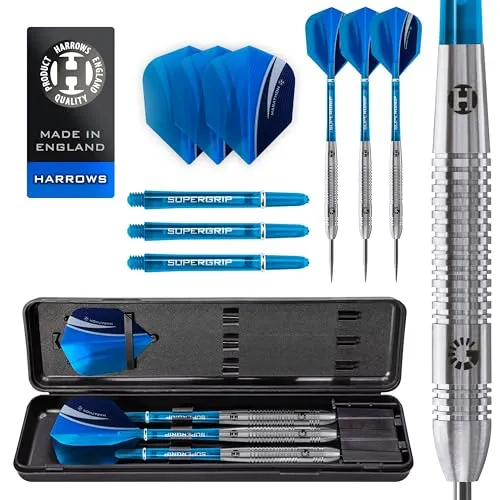 Harrows Genesis Steel-Dartpfeile, Dartpfeile mit Wolframstahlspitze, 21 g, 22 g, 23 g, 24 g, 25 g und 26 g – inklusive High Traction Grip Supergrift, Shart Marathon Flights und Reiseetui (25g)