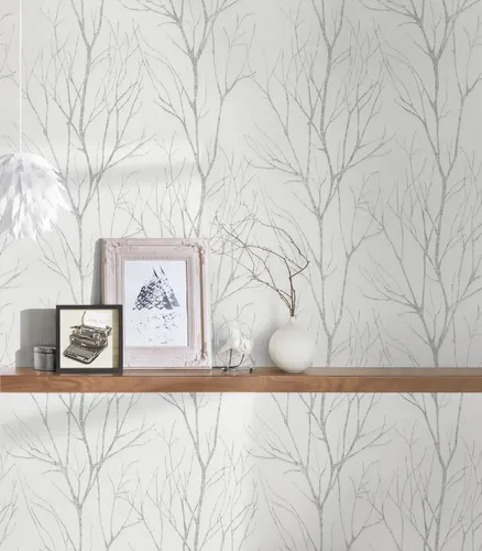 Vliestapete Zweige Floral Bäume grau silber metallic 37260-2 (2,62€/1qm)