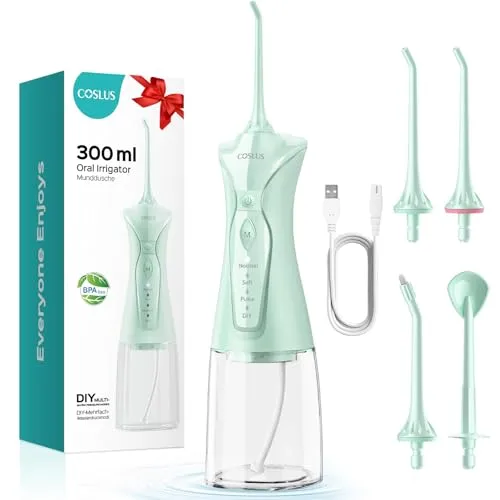 COSLUS Munddusche Kabellos Elektrischer Zahnreiniger: 4 Modi Tragbare Zahndusche 300ml Wassertank Munddusche Testsieger Einfach Zu Verwenden Zungenreiniger für Zahnpflege Reisen Hellgrün