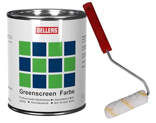 OELLERS Greenscreen Farbe, 1 Liter, Chroma Blau - Farbroller für professionelle Studioaufnahmen, bietet eine hochdeckende Farbtrennung und einfache Anwendung auf verschiedenen Oberflächen, ideal für Videoproduktionen und Fotosessions.