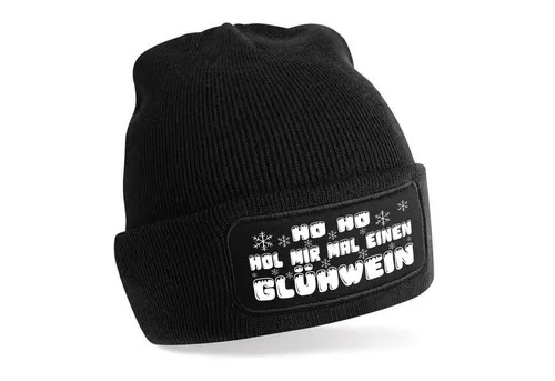 Herzbotschaft Beanie Strickmütze mit Spruch HO HO HOL MIR MAL EINEN GLÜHWEIN (Skimütze) Unisex SoftTouch angenehm weiche und warme Wintermütze Einheitsgröße