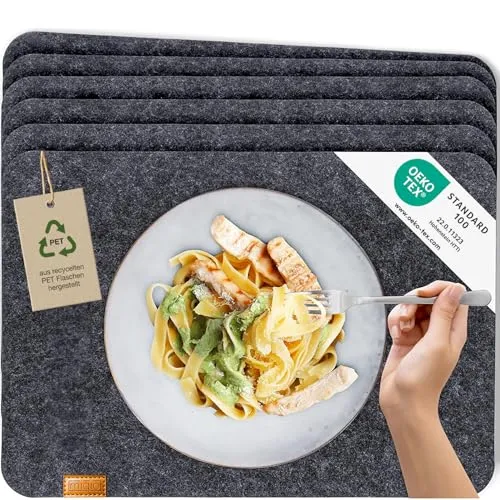 Miqio® - Design Tischset aus Filz | Marken Label aus echtem Leder | 4er Set Platzset (dunkel grau anthrazit) abwaschbar | Filzmatte Tisch Untersetzer Platzdeckchen abwischbar