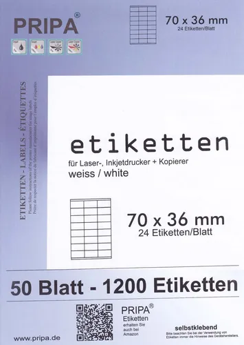 Etiketten 70x36 mm = 50 Blatt DIN A4 - weiß - PRIPA made in germany - 3475 1200