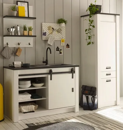 Furn.Design Küche Stove - 3-teiliges Küchenschrank Set in Weiß Pinie und Anthrazit - Kühlschränke: Modernes Landhaus Küchenschrank Set mit Soft-Close Türen, höhenverstellbaren Einlegeböden und strapazierfähigen Oberflächen für eine pflegeleichte Nutzung.